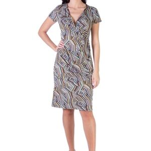 24Seven Womens Large Faux Wrap Dress Green Pink Geometric Print Knee Length